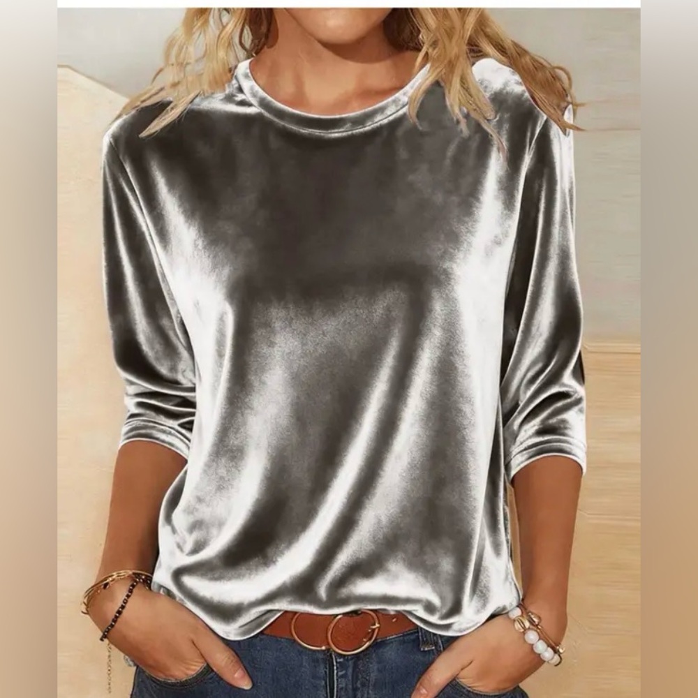 Astrid Silver Gray Velvet Long Sleeve Blouse XL New